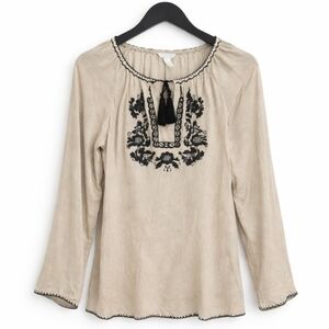 Garnet Hill Taupe 100% Silk Bohemian Peasant Embroidered Blouse Sz Med